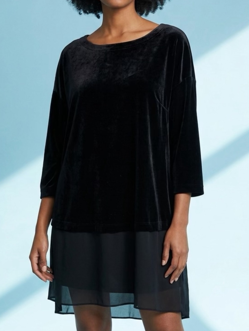 Eileen Fisher black velvet chiffon hem Sz Lg. Tunic